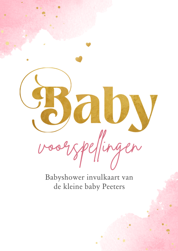 Uitnodigingen - Baby voorspellingen invulkaart meisje waterverf goud roze