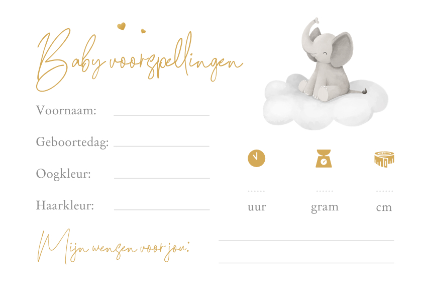 Uitnodigingen - Babyshower baby voorspellingen invulkaartje olifantje hartje