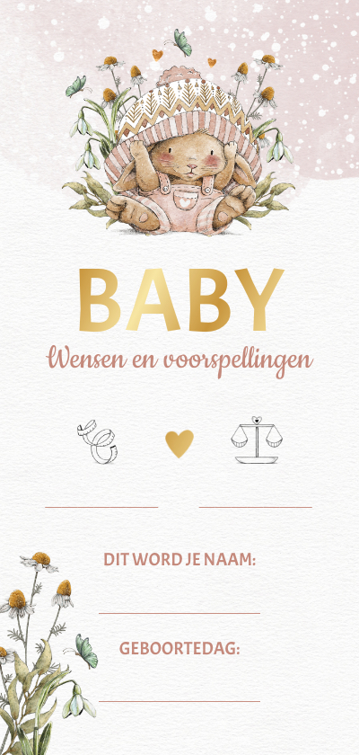 Uitnodigingen - Babyshower invulkaart met konijntje tussen de bloemen