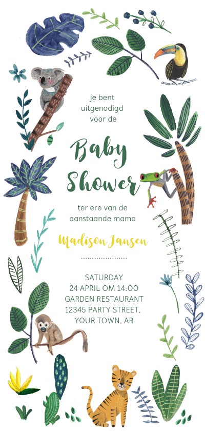 Uitnodigingen - Babyshower tijger en dieren jungle thema