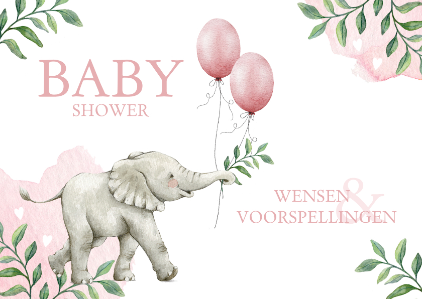 Uitnodigingen - Botanisch babyshower invulkaartje met olifantje en ballonnen