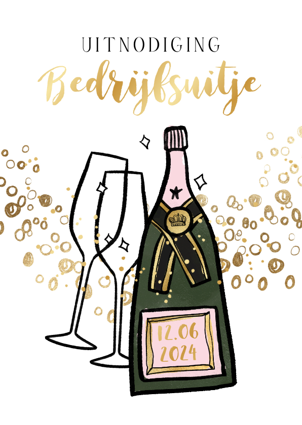 Uitnodigingen - Feestelijke uitnodiging bedrijfsuitje champagne goud bubbels