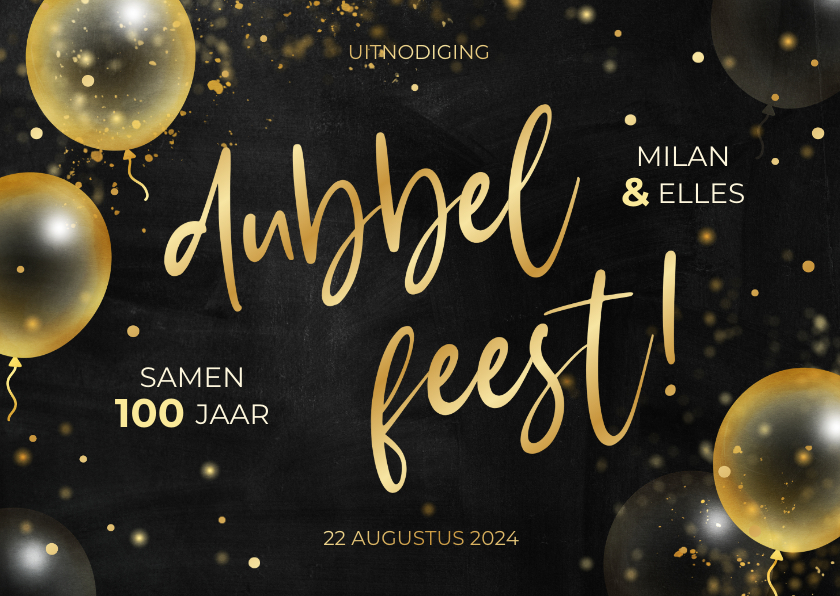 Uitnodigingen - Feestelijke uitnodiging dubbel feest met gouden ballonnen