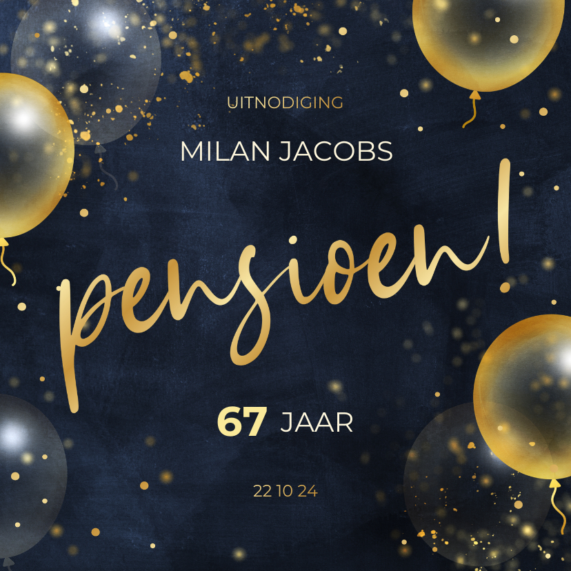 Uitnodigingen - Feestelijke uitnodiging pensioen met gouden ballonnen