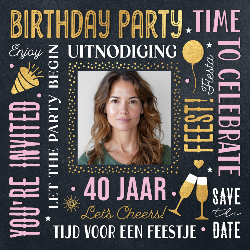 Uitnodigingen - Hippe uitnodiging verjaardagsfeest vrouw