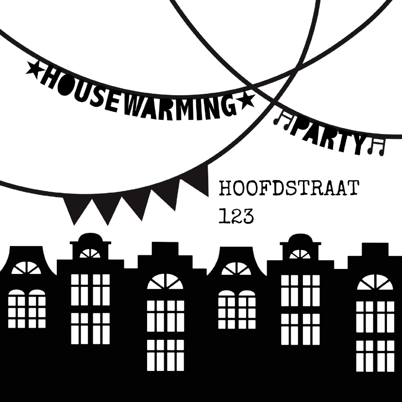 Uitnodigingen - Housewarming party uitnodiging zwartwit slingers huisjes