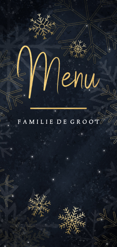 Uitnodigingen - Kerstdiner menukaart met gouden sneeuwvlokken