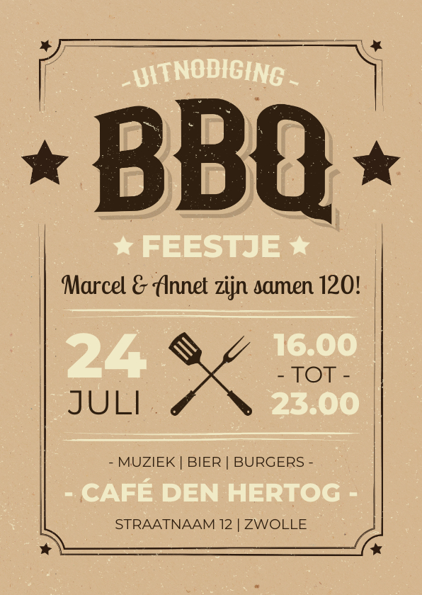 Uitnodigingen - Moderne uitnodiging BBQ feestje kraft vintage stijl