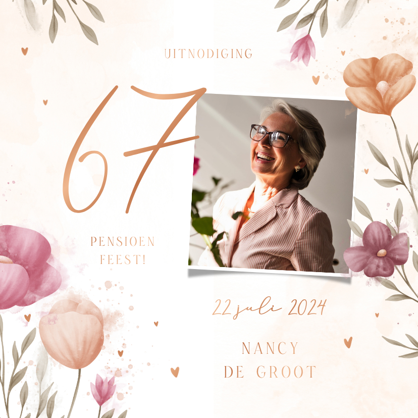 Uitnodigingen - Pensioenfeest waterverf bloemen met foto en koperen hartjes