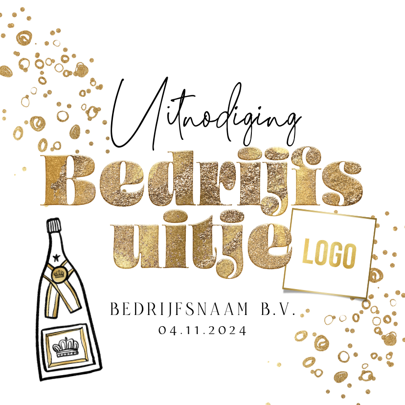 Uitnodigingen - Stijlvolle uitnodiging bedrijfsuitje bubbels goud logo