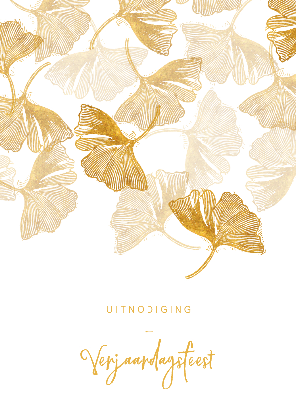 Uitnodigingen - Stijlvolle uitnodiging gouden ginkgoblad op wit