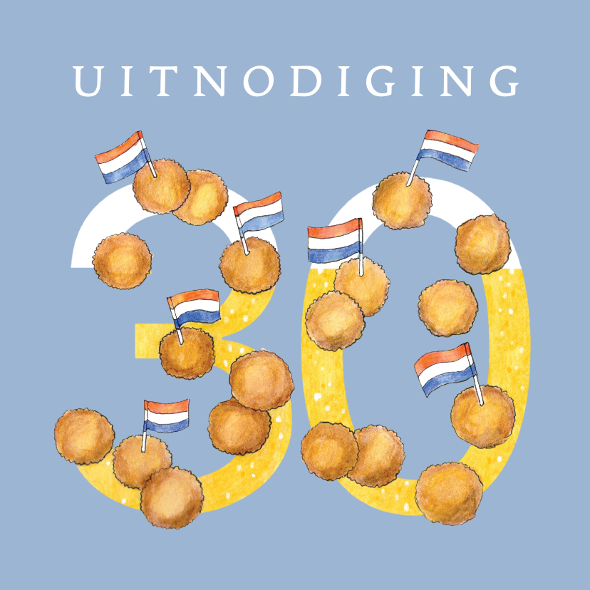 Uitnodigingen - Uitnodiging 30 jaar met illustratie bitterballen en bier