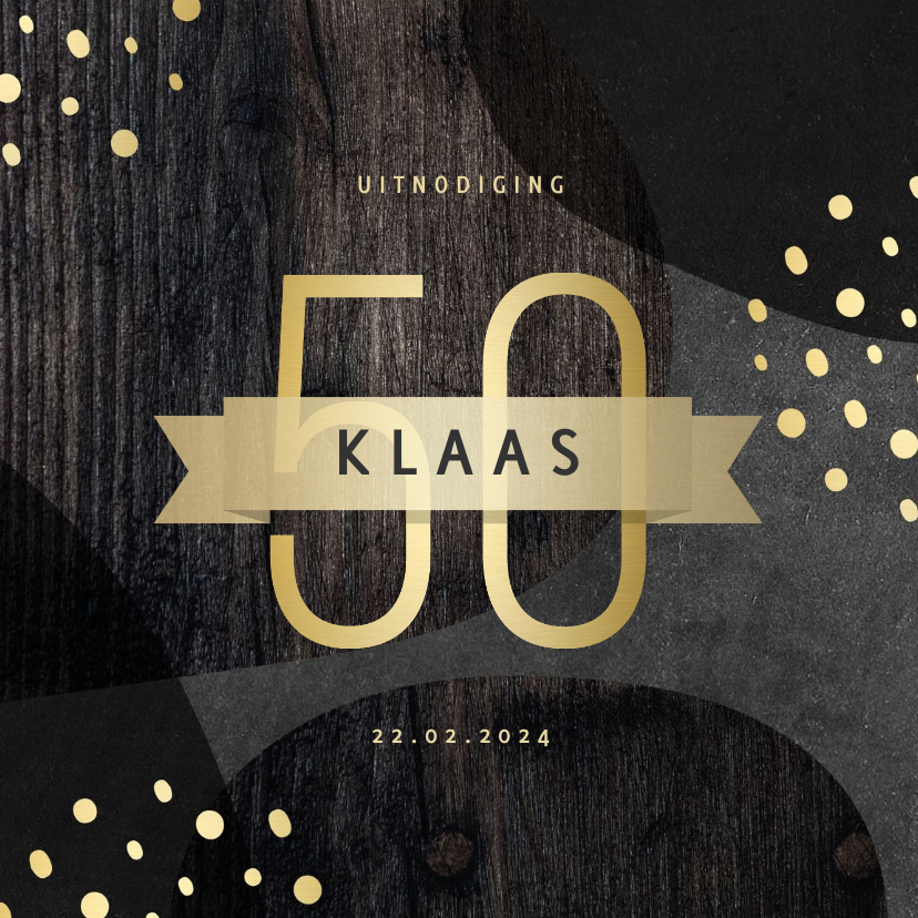 Uitnodigingen - Uitnodiging 50 jaar goud met krijtbord en hout abstract