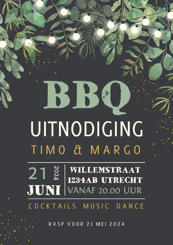 Uitnodigingen - Uitnodiging BBQ feestje met prikkabel en takjes