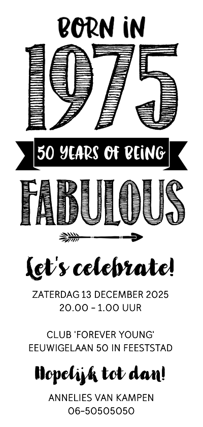 Uitnodigingen - Uitnodiging born in 1975 - 50 years of being fabulous