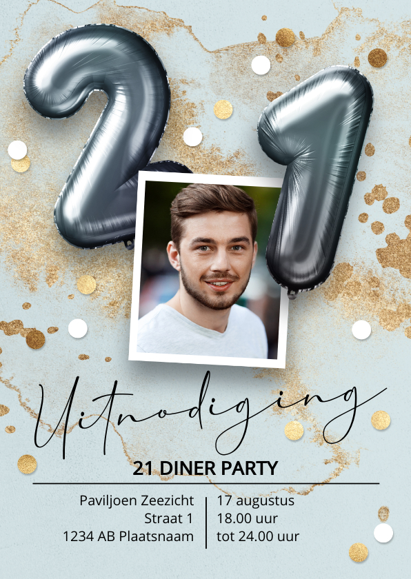 Uitnodigingen - Uitnodiging diner party 21 jaar jongen ballonnen