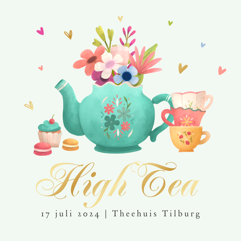 Uitnodigingen - Uitnodiging High Tea bloemen theepot gebakjes hartjes