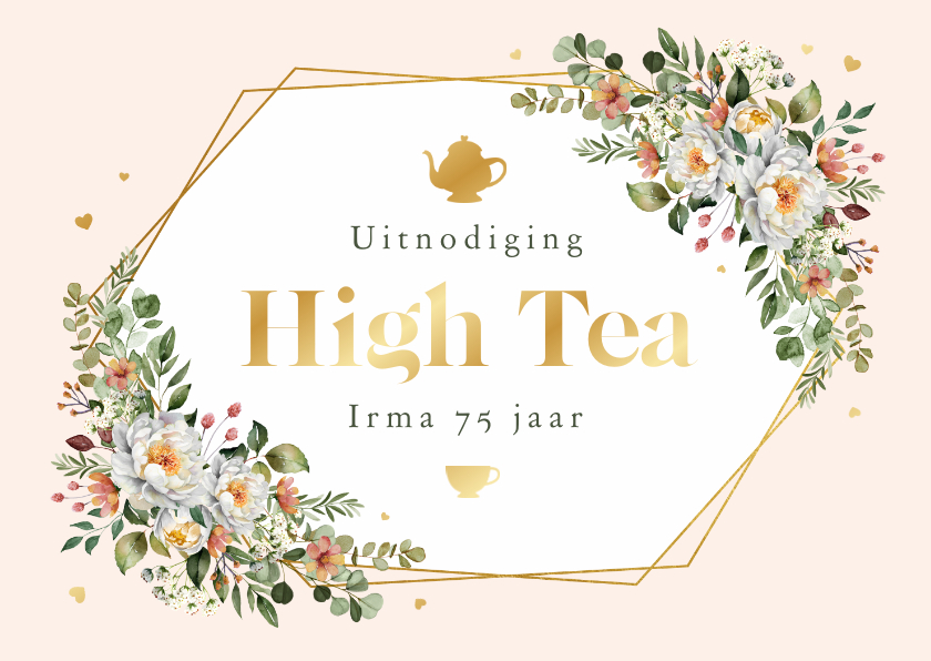 Uitnodigingen - Uitnodiging high tea klassiek bloemen goud hartjes