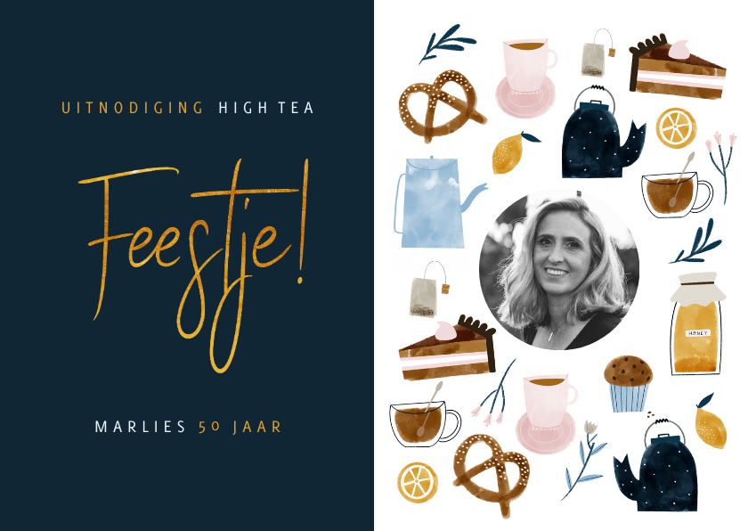 Uitnodigingen - Uitnodiging High Tea verjaardagsjubileum met foto