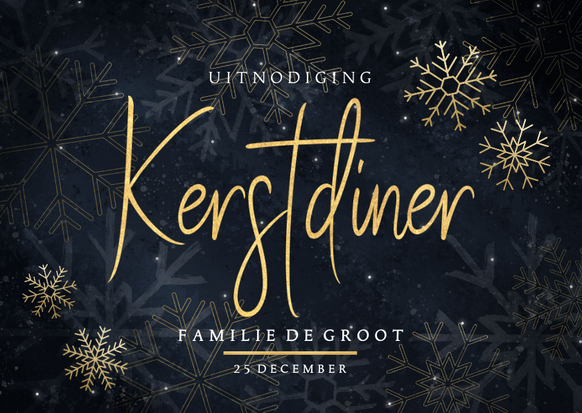 Uitnodigingen - Uitnodiging kerstdiner uitnodiging met gouden sneeuwvlokken