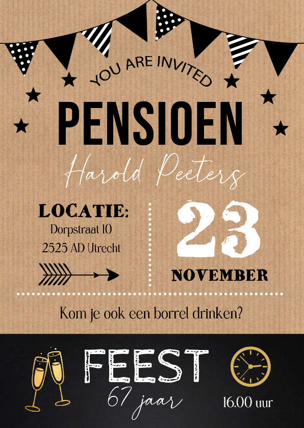 Uitnodigingen - Uitnodiging pensioen feest typografie kraft krijtbord