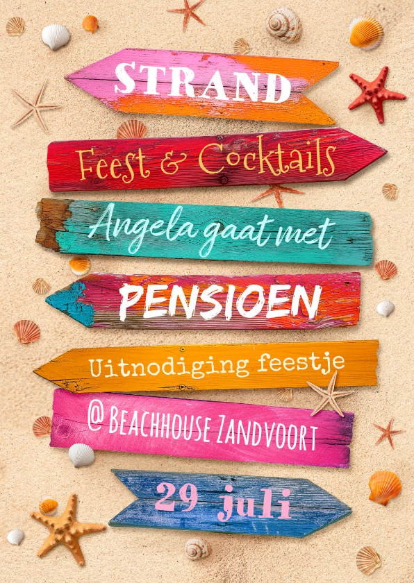 Uitnodigingen - Uitnodiging strand feest beach party pensioen wegwijzers