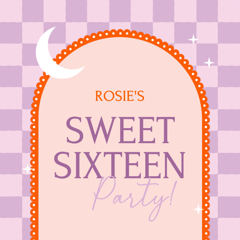 Uitnodigingen - Uitnodiging sweet sixteen paarse ruitjes boogje maan sterren