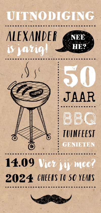 Uitnodigingen - Uitnodiging tuinfeest/BBQ met illustraties op kraft papier