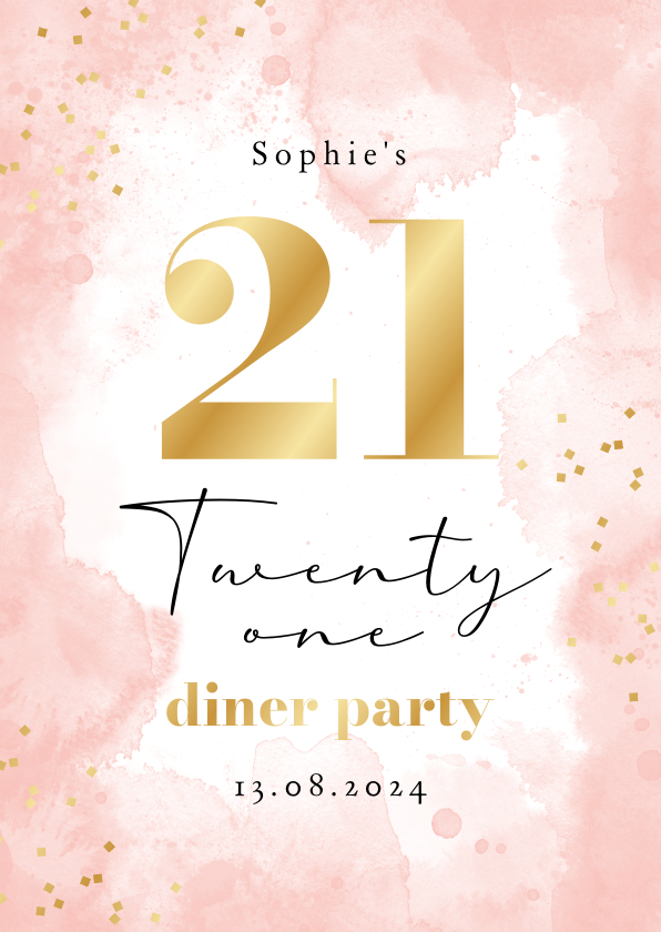 Uitnodigingen - Uitnodiging verjaardag 21 diner waterverf roze goud confetti