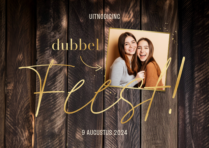 Uitnodigingen - Uitnodiging verjaardag dubbel feest foto houtlook