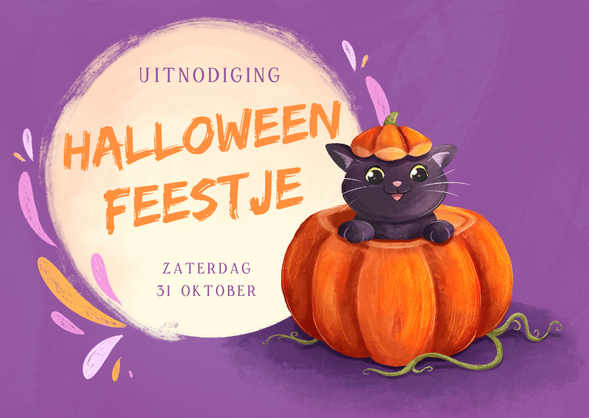 Uitnodigingen - Uitnodiging voor een Halloween feestje met pompoenen en kat