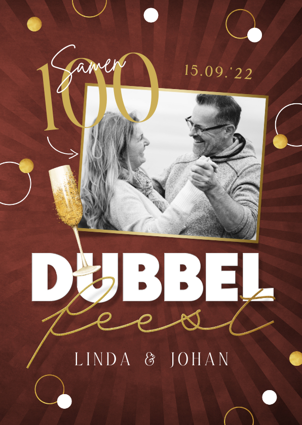 Uitnodigingen - Uitnodigingskaart dubbel feest samen 100 foto champagne goud