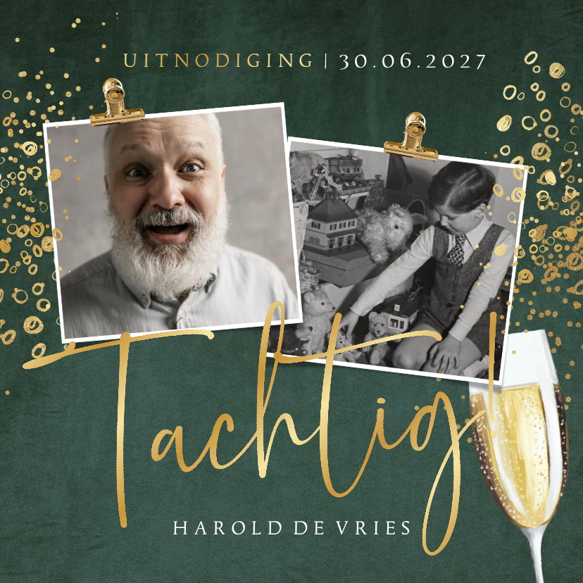 Uitnodigingen - Uitnodigingskaart verjaardag 'Tachtig!' goudlook bubbels