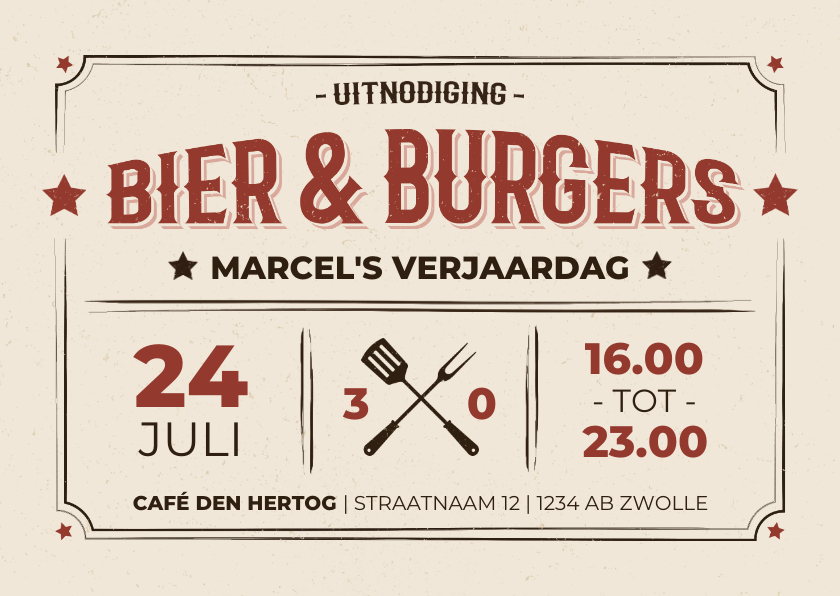 Uitnodigingen - Vintagestijl uitnodiging bier & burgers beige 