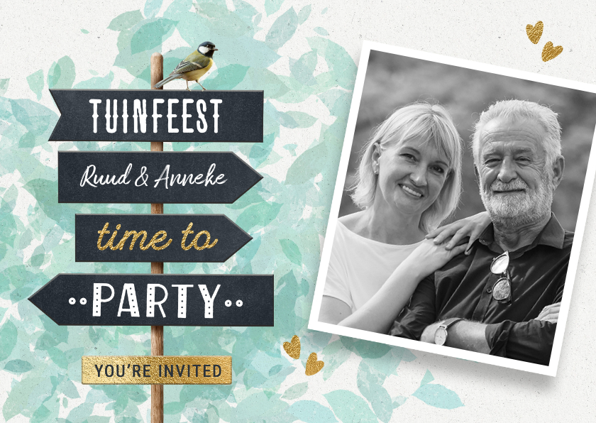 Uitnodigingen - Vrolijke uitnodiging tuinfeest bbq met wegwijzer