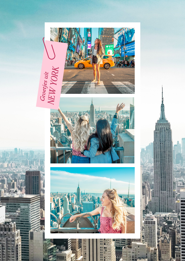 Vakantiekaarten - Moderne vakantiekaart met fotocollage roze label New York