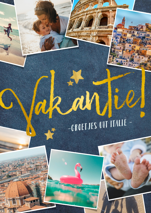 Vakantiekaarten - Stijlvolle donkerblauwe fotocollage vakantiekaart met goud