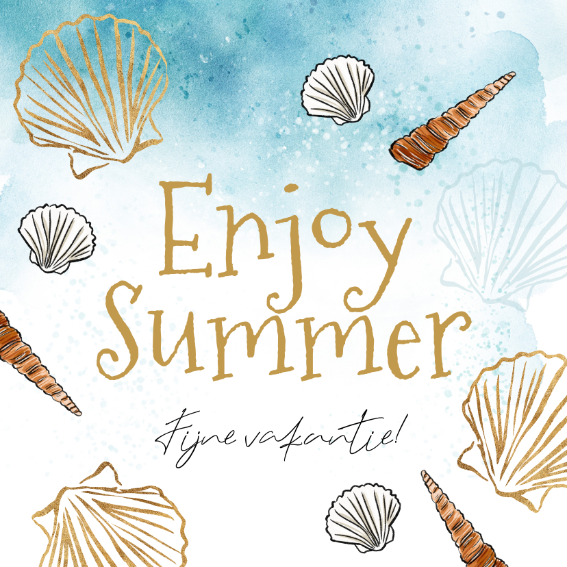 Vakantiekaarten - Trendy vakantiekaart ‘Enjoy Summer’ schelpen watercolor goud