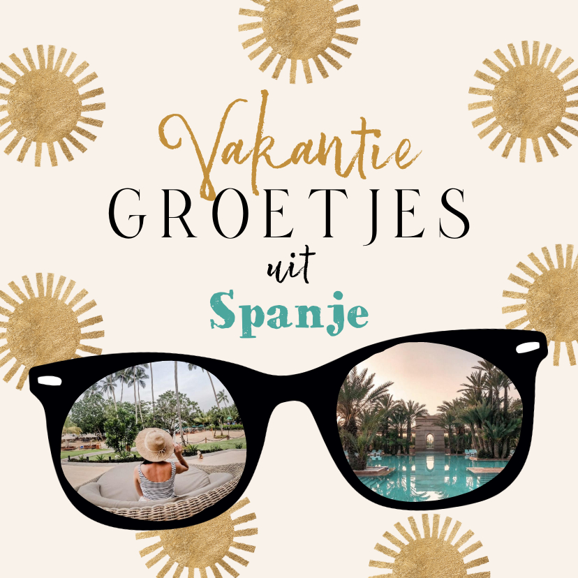 Vakantiekaarten - Trendy vakantiekaart ‘Groetjes uit’ zonnebril goud zon foto