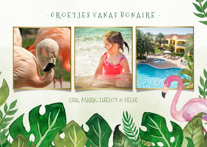 Vakantiekaarten - Tropische fotocollage vakantiekaart met bladeren en flamingo