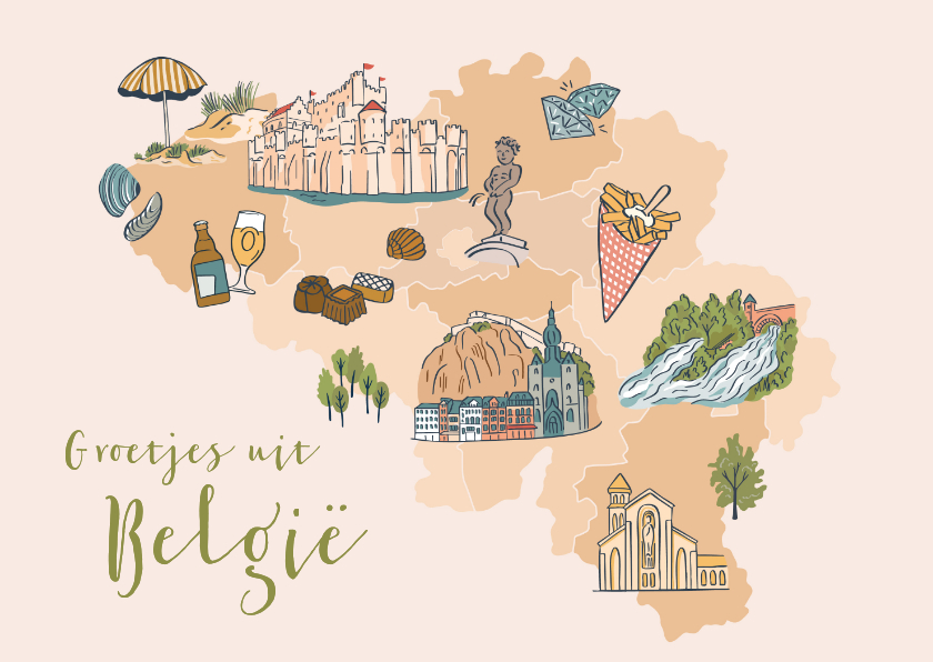 Vakantiekaarten - Vakantiekaart groetjes uit België landkaart met illustraties