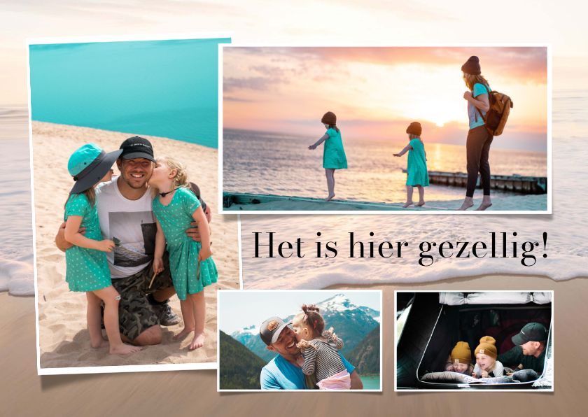 Vakantiekaarten - Vakantiekaart met 4 foto's en een strand achtergrond