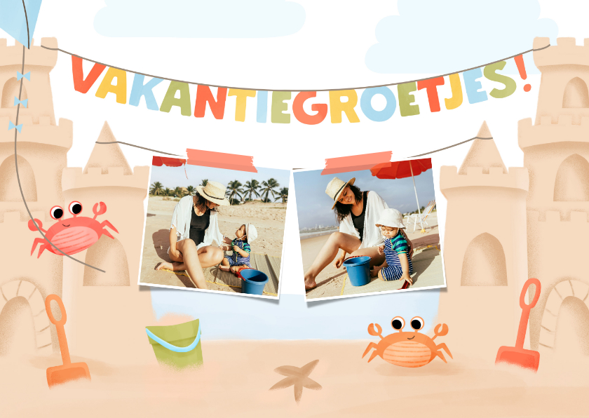 Vakantiekaarten - Vrolijke vakantiegroetjes vanaf het strand zandkasteel foto