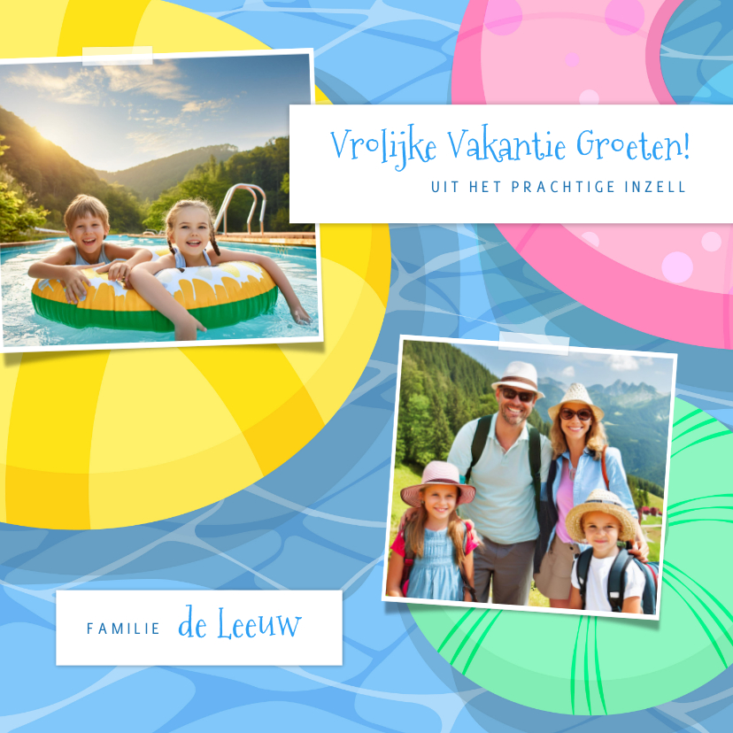 Vakantiekaarten - Vrolijke vakantiekaart fotocollage op kleurrijke zwembanden 