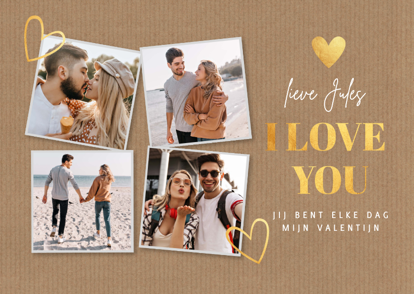 Valentijnskaarten - Valentijnskaart fotocollage kraft goudlook hartjes