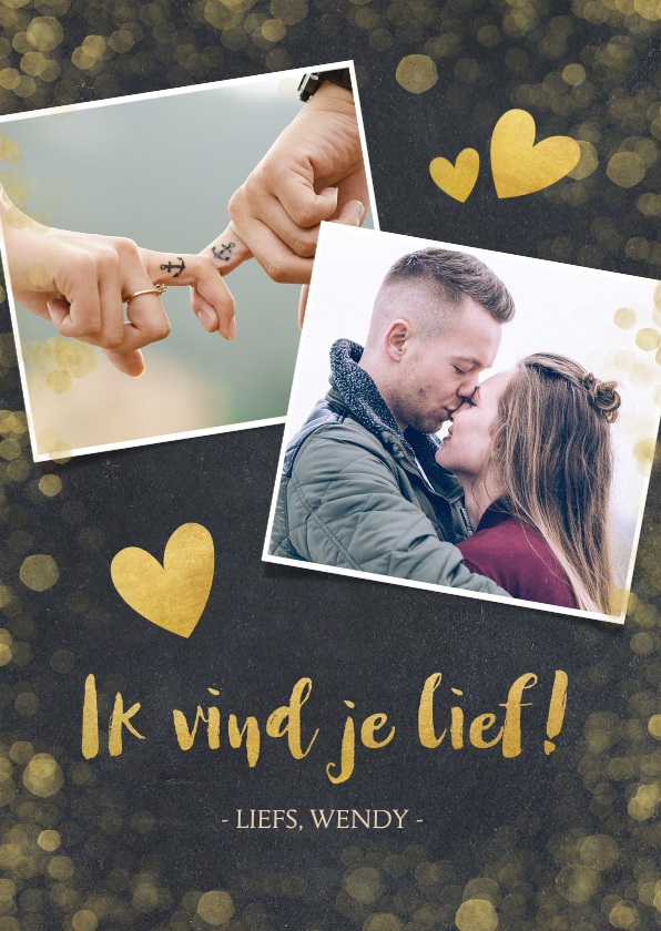 Valentijnskaarten - Valentijnskaart krijtbord met gouden hartjes en confetti