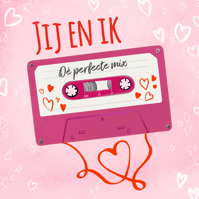 Valentijnskaarten - Valentijnskaart met cassettebandje en hartjes