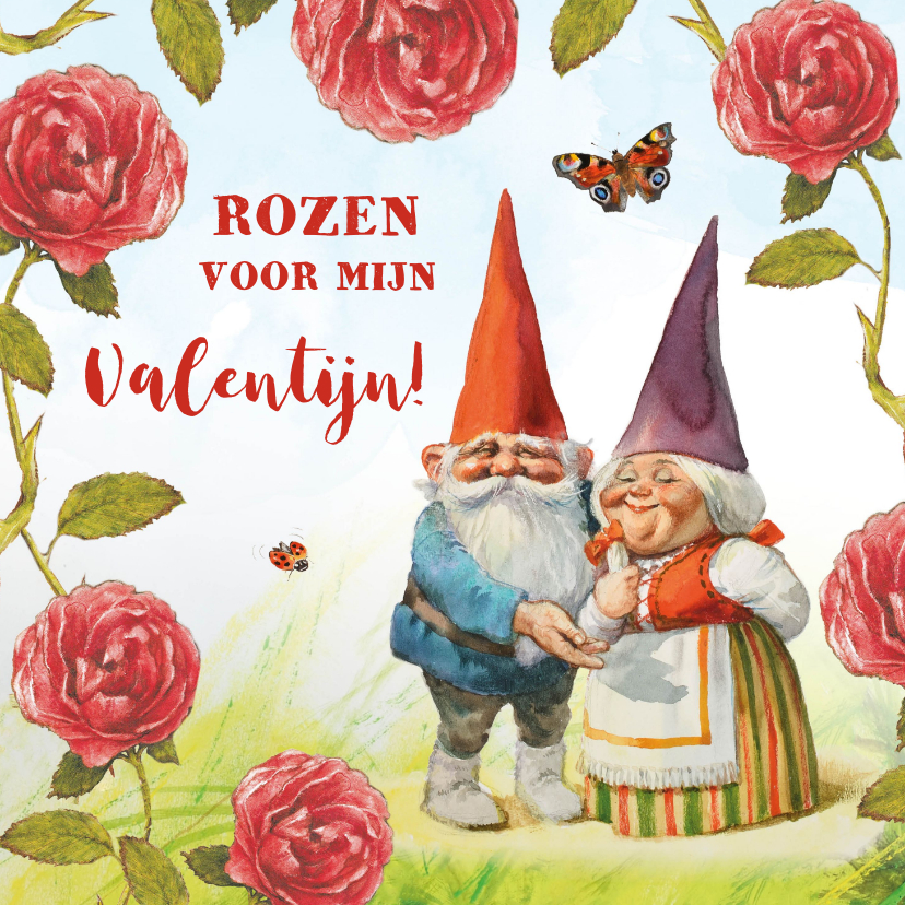 Valentijnskaarten - Valentijnskaart met Kabouters tussen de rozen 