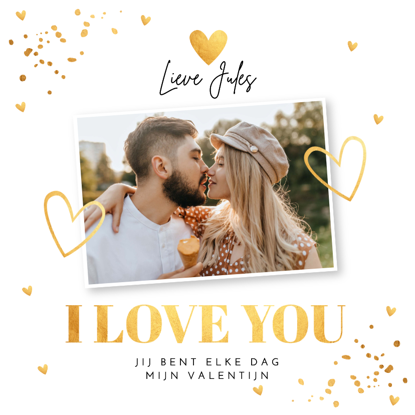 Valentijnskaarten - Valentijnskaart wit goud met foto I love You hartjes