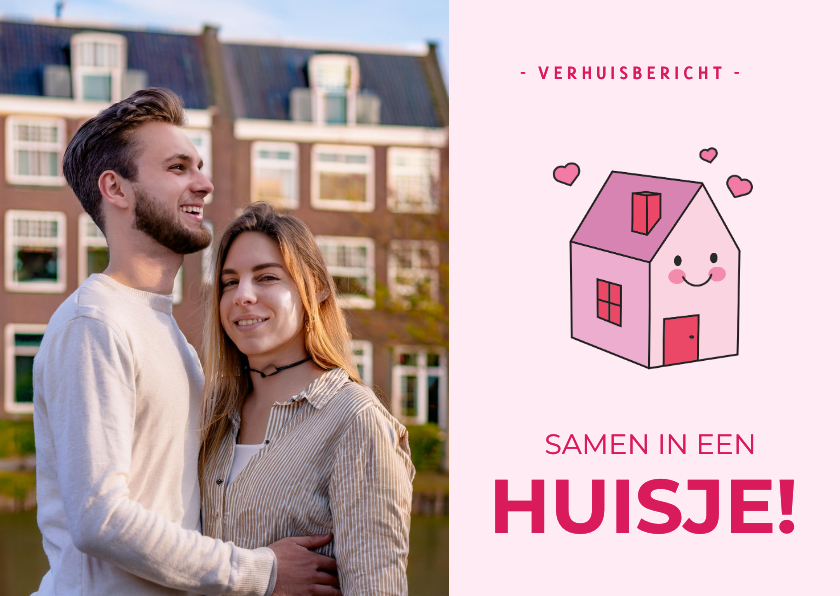 Verhuiskaarten - Foto verhuiskaart roze met lachend huisje en hartjes